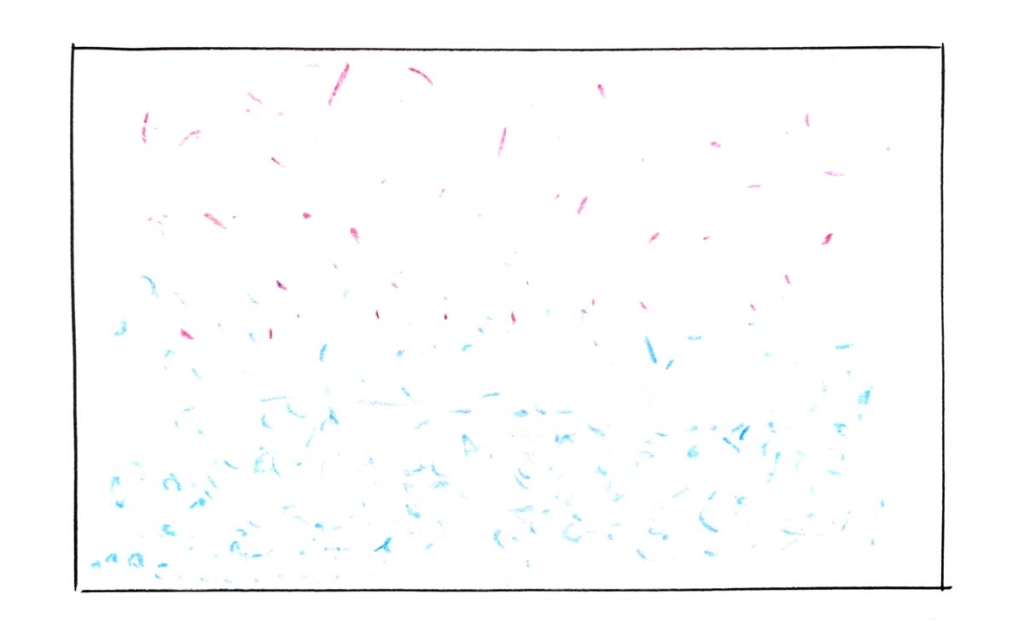 Crayon drawing using red and blue dots to illustrate that warmer air is less dense than cooler air.