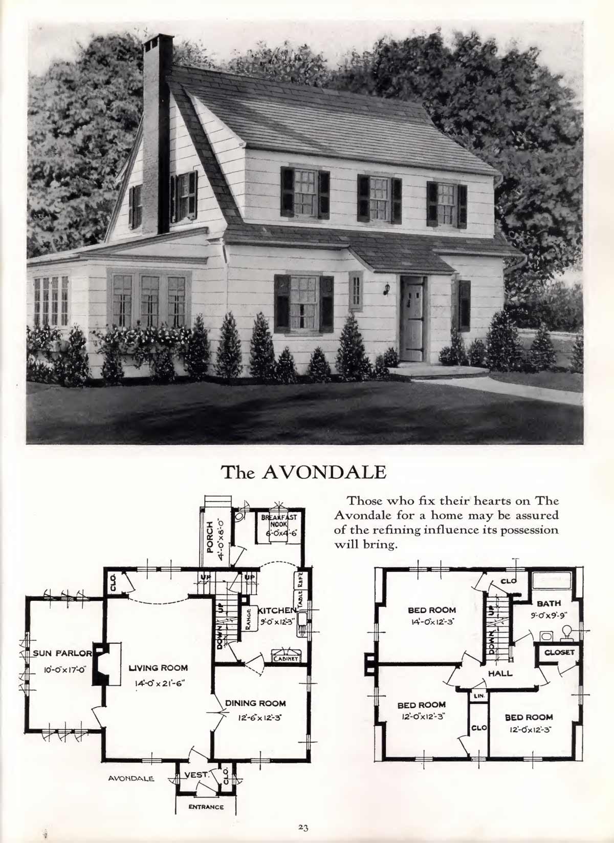 A page from an old book of house plans from 1930 showing a two-story slate-roofed colonial called "The Avondale."