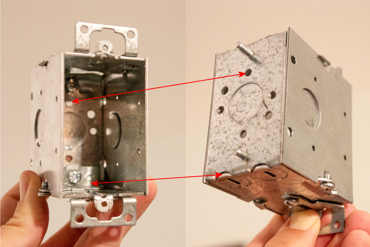 Two photos of a metal switch box, one shown from the front and one shown from the rear, with arrows indicating holes to air seal.