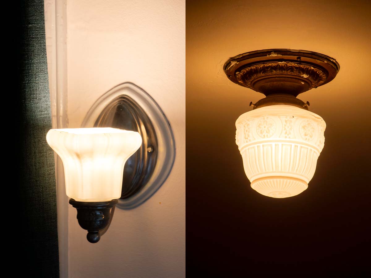 Two photos side by side, with the left showing a non-fully enclosed light fixture, and the right showing a fully enclosed fixture.